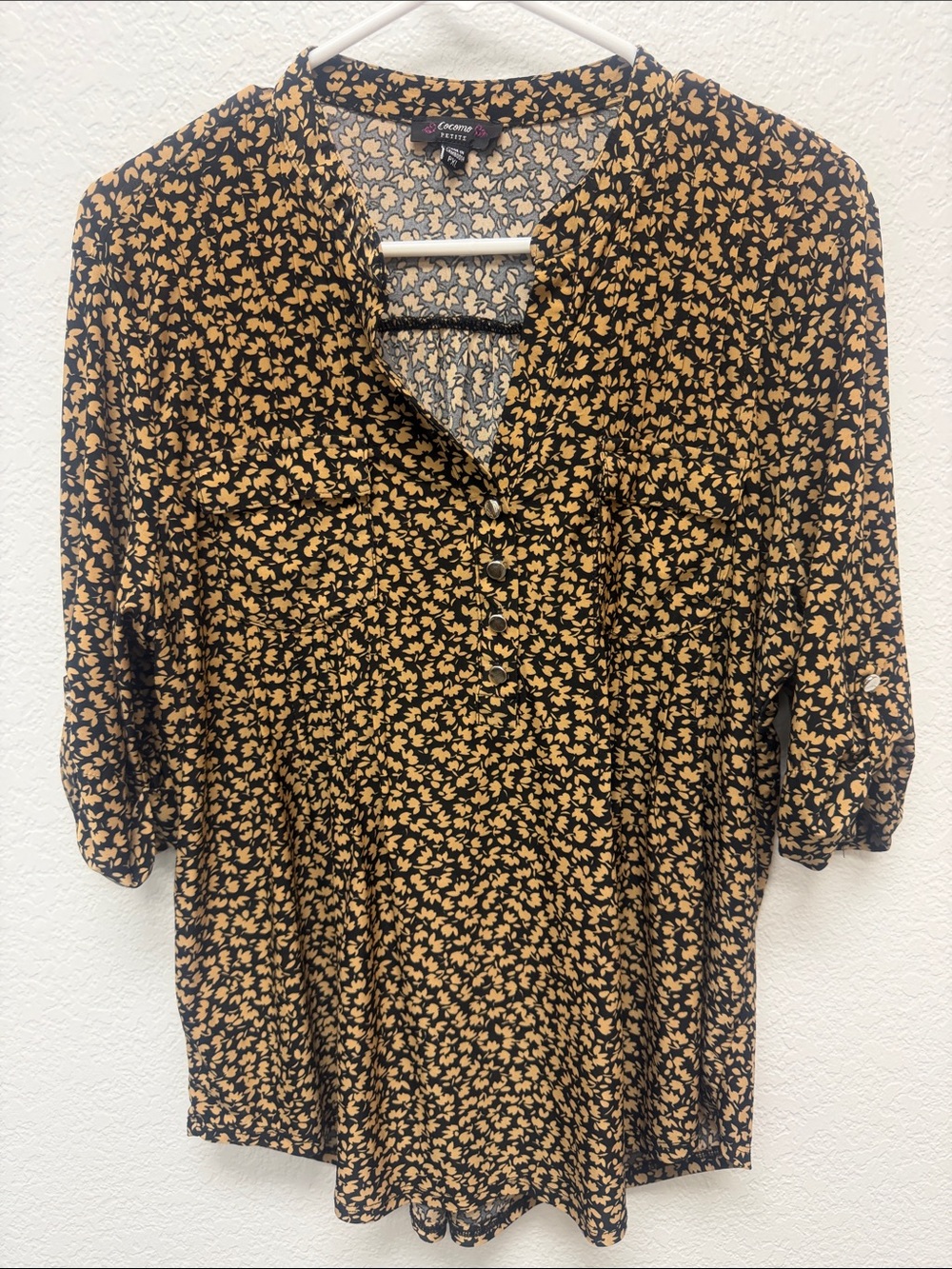 Cocomo Petite Black Blouse with Mustard Floral Print